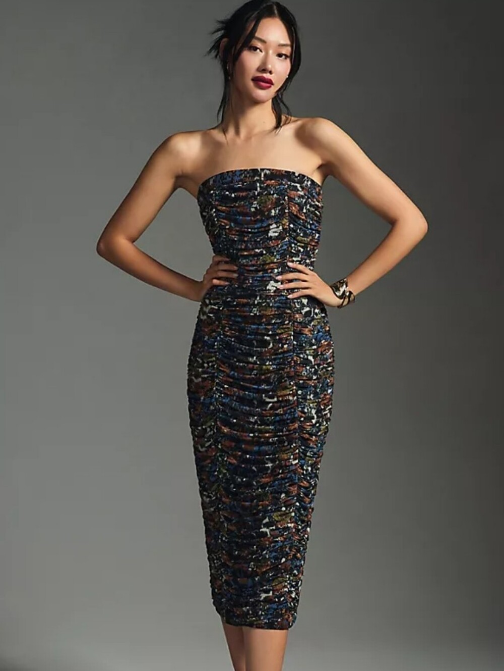 Anthropologie Strapless Ruched Maxi Skirt in Brown and Navy Floral